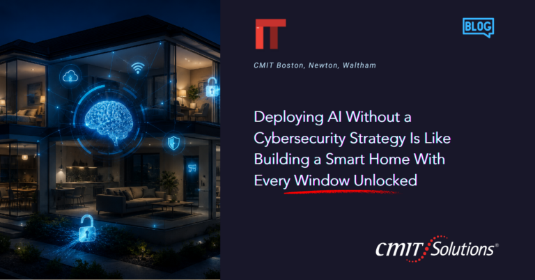 Smart home at night with glowing blue cybersecurity icons on the left and a dark blog header on the right.