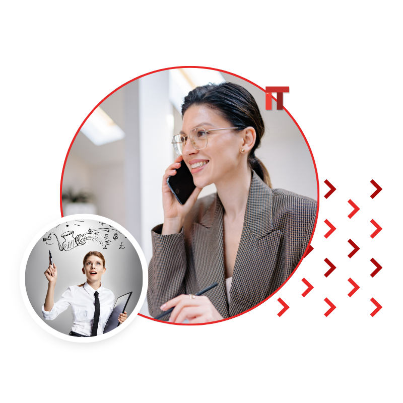 Woman in a blazer on a phone call inside a red circle with an IT label, plus a smaller circle showing a presenter drawing
