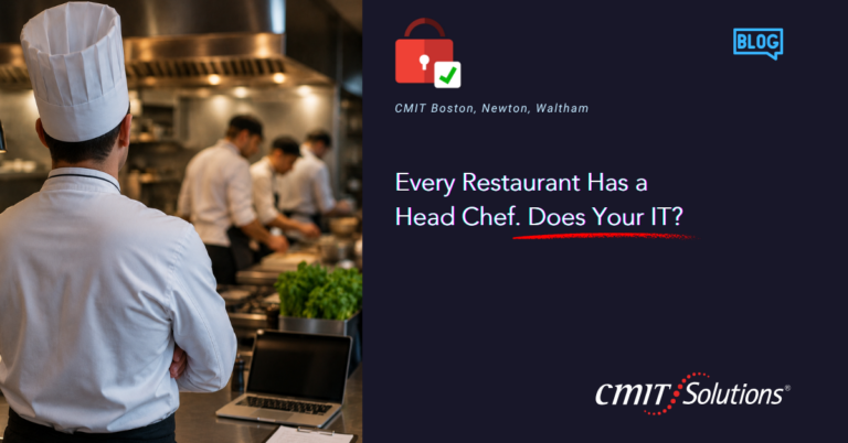 Restaurant kitchen scene with a chef in white uniform and hat; on the right, a dark panel displaying a blog graphic about IT for restaurants.