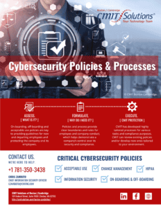 Poster titled Cybersecurity Policies & Processes by CMIT Solutions, showing three steps (Assess, Formulate, Execute) and a contact section with policy checklist.