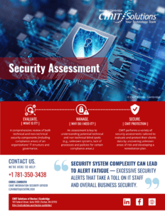 CMIT Solutions security assessment poster with a shield on a blue circuit background and three service pillars: Evaluate, Manage, Secure.
