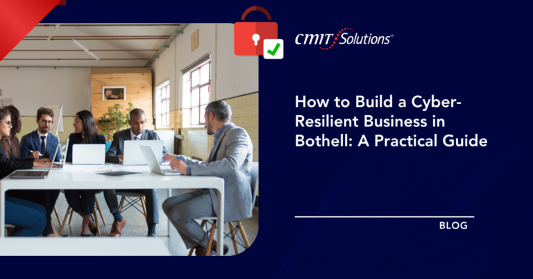 Group of professionals in a meeting on the left; dark blue banner with the blog title about building a cyber-resilient business in Bothell on the right.