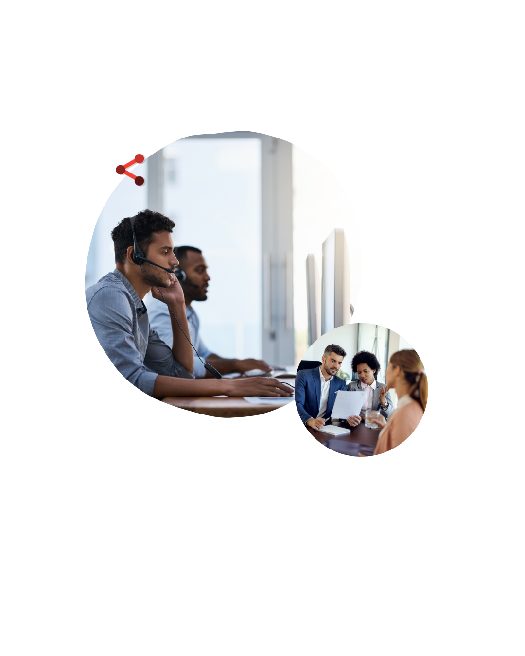 Call center agents with headsets at computer desks in a bright office; inset shows a collaborative team discussion.