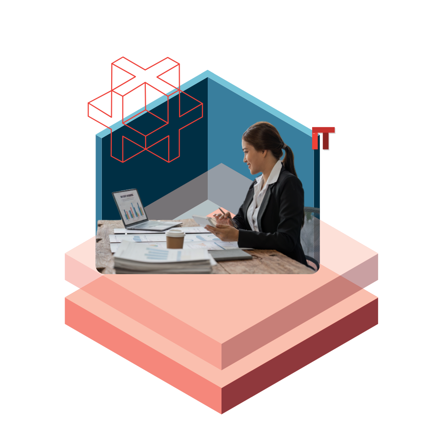 Professional woman in a suit analyzes charts at a wooden desk with a laptop and documents, with abstract IT-themed shapes in the background.