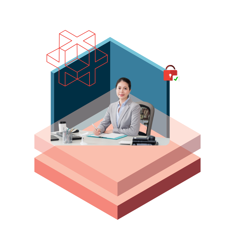 Businesswoman at a desk inside a glass-walled office set on pink stacked platforms, symbolizing secure, protected work space.