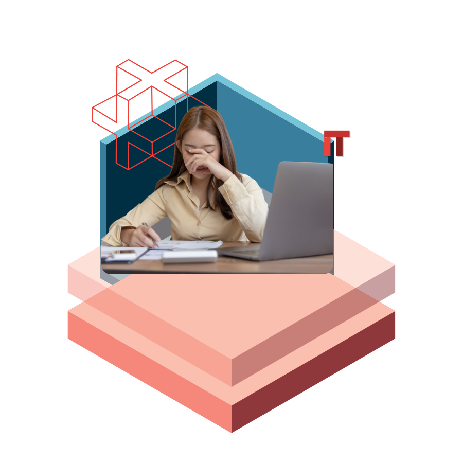 Woman studying at a desk with a laptop and papers, head resting on hand in a tired or stressed pose, with abstract geometric shapes in the background.