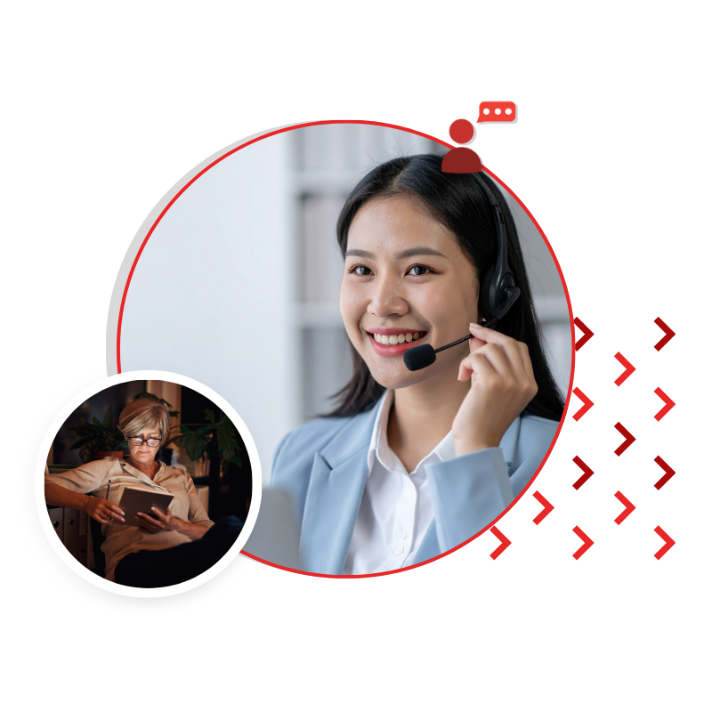 Smiling customer service agent with a headset in a circular frame; a smaller inset shows an older person reading, suggesting support and guidance.