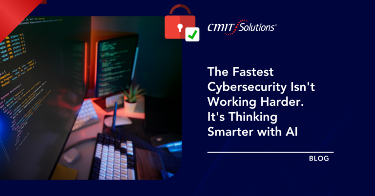 Blog banner for CMIT Solutions: left image shows a coder's desk with monitors; right side has the headline about AI-powered cybersecurity and a BLOG label.
