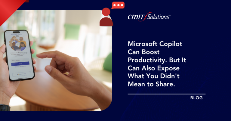 CMIT Solutions blog hero: hand holding a phone showing Microsoft Teams beside the article title about Microsoft Copilot and sharing.