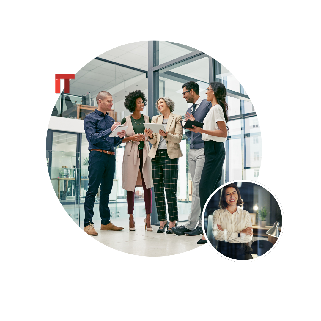 Group of diverse professionals chatting and collaborating in a bright modern office, smiling and holding tablets and folders.