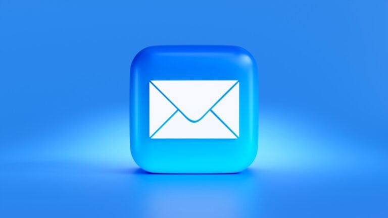 A 3D blue email icon on a blue background.