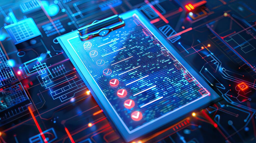 A clipboard with a digital checklist sits on a glowing, futuristic circuit board. The checklist includes a series of completed tasks, indicated by red checkmarks.