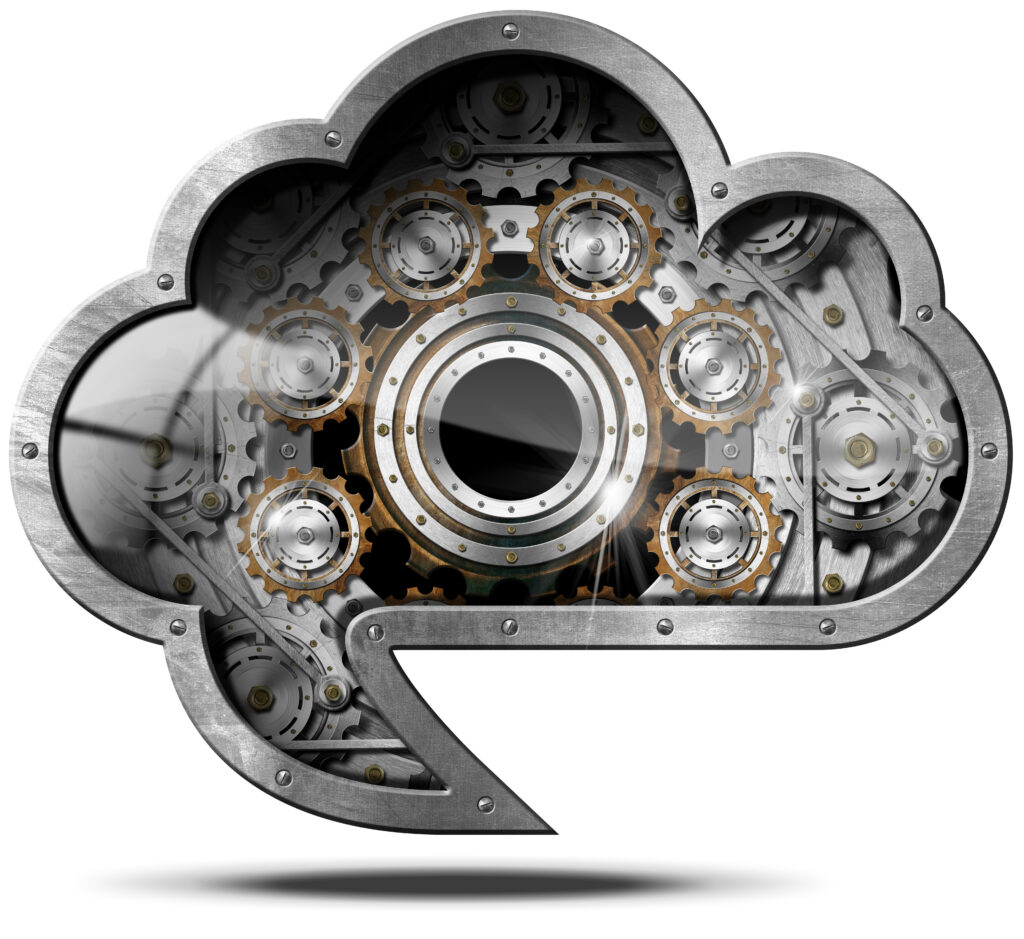 Close-up of bronze and silver gears inside a cloud-shaped metal housing, casting a soft shadow on a white background.