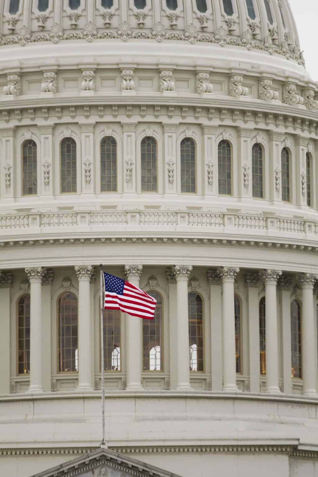 American flag waving in front of a white neoclassical government building with tall arched windows.