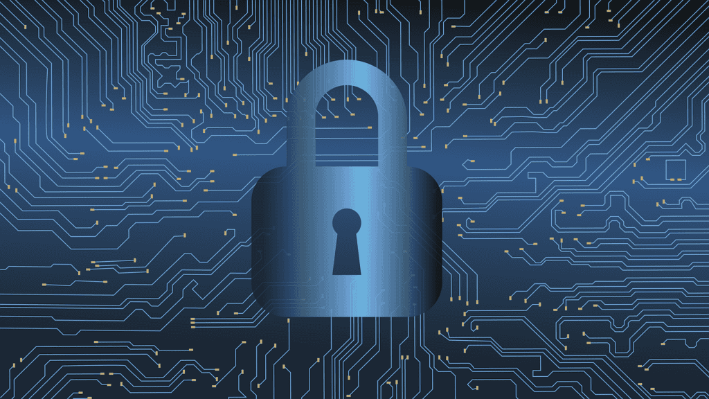 A blue lock on a background of circuitry depicts cybersecurity.