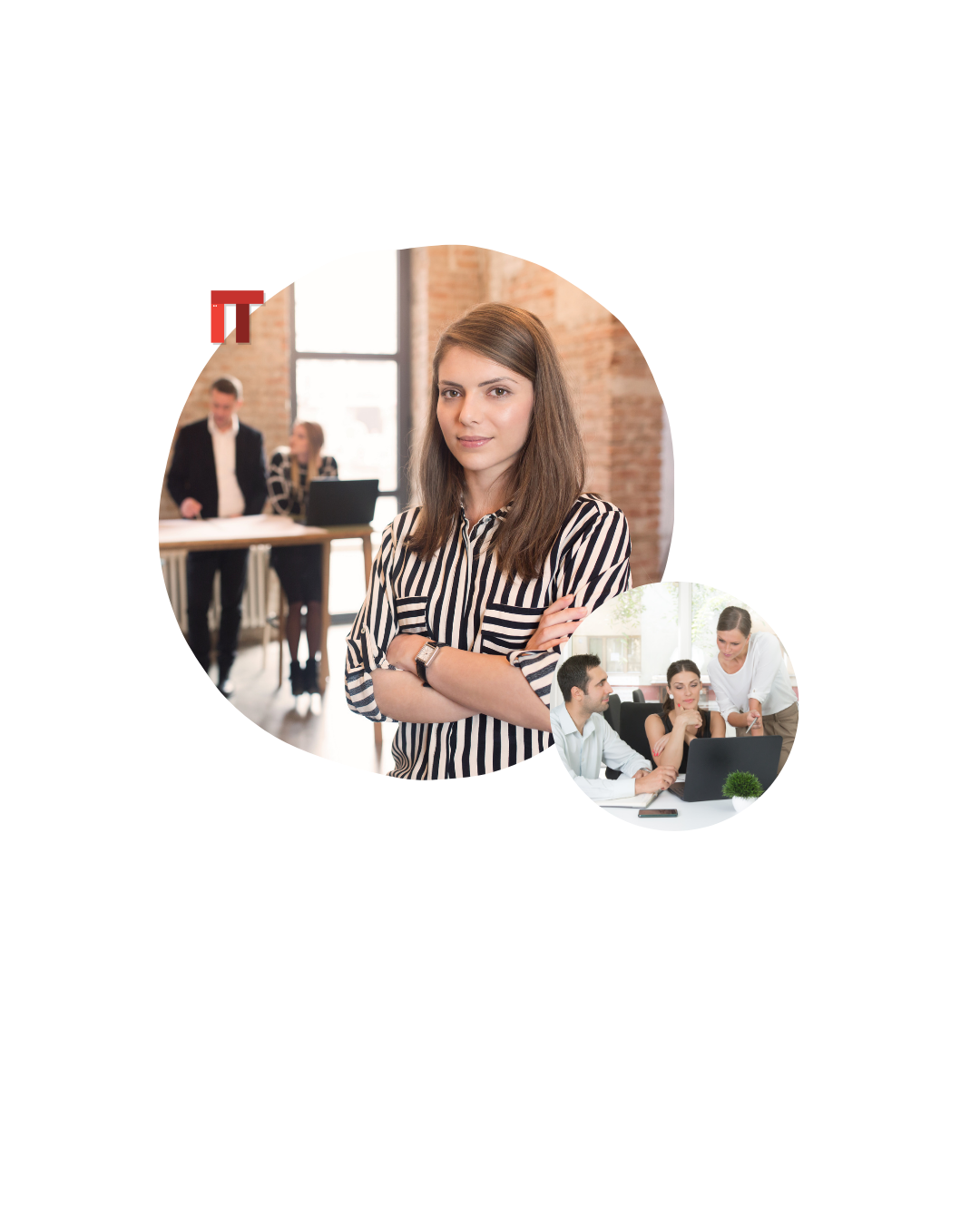 Professional woman with folded arms in a bright office; coworkers collaborate around a laptop in a separate overlapping circle behind her.