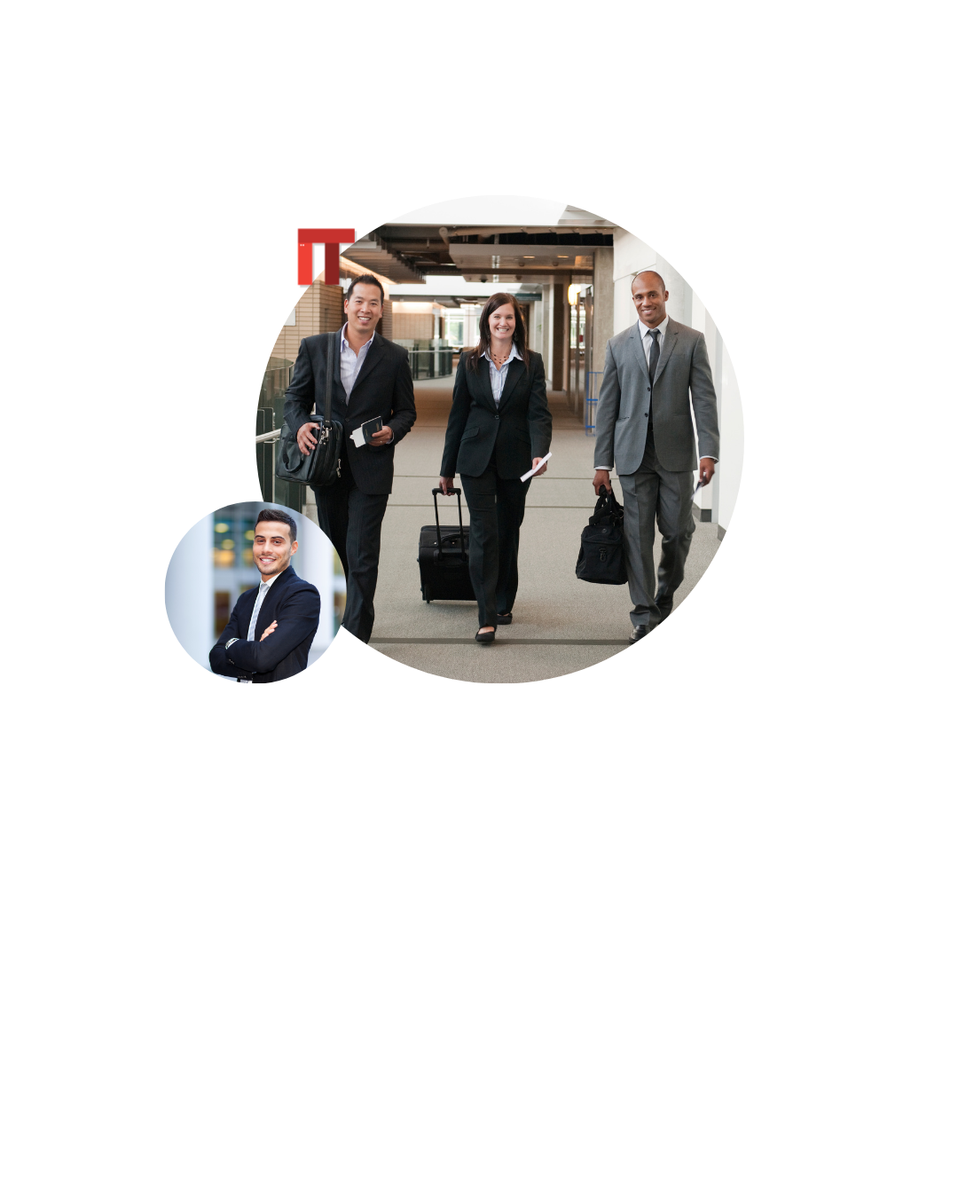 Three suited professionals walk down a corporate hallway with rolling carry-on bags, a business trip vibe.**