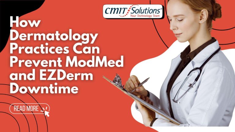 Dermatology provider reviewing notes while stressing ModMed and EZDerm uptime