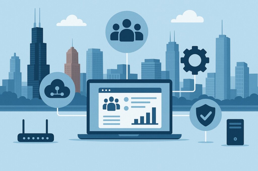 Chicago skyline with business professionals using laptops representing IT services for small businesses in 2025.