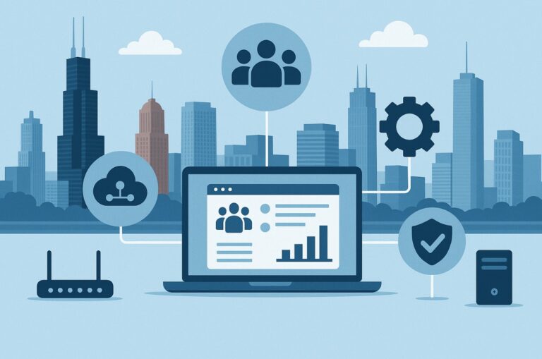 Chicago skyline with business professionals using laptops representing IT services for small businesses in 2025.