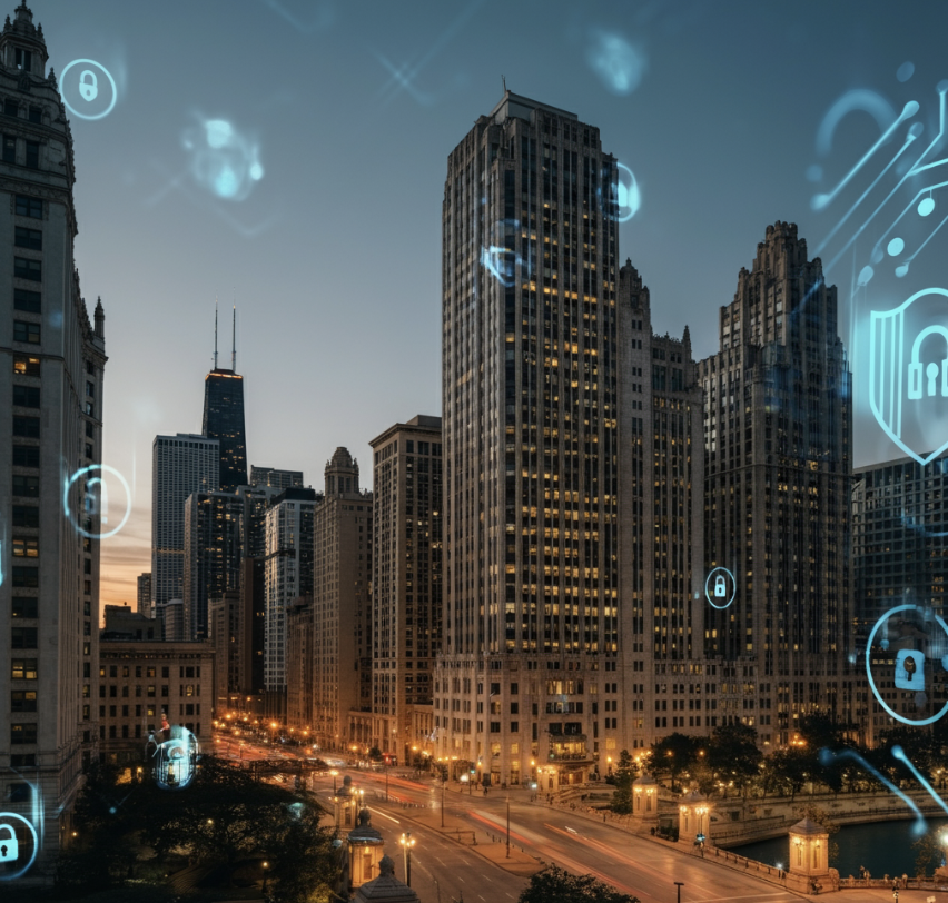 Flat illustration showing a laptop with a lock icon, legal and data security symbols, and the Chicago skyline in the background, representing cybersecurity protection for law firms.