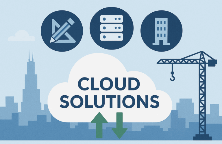 Illustration of Chicago skyline with a large cloud symbol, construction crane, and architecture icons representing cloud computing solutions for architecture and engineering firms in Chicago.