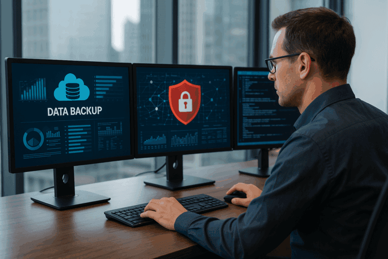 CMIT Solutions Chicago IT professional monitoring secure cloud data backup and recovery for a downtown Chicago business on multiple screens.”