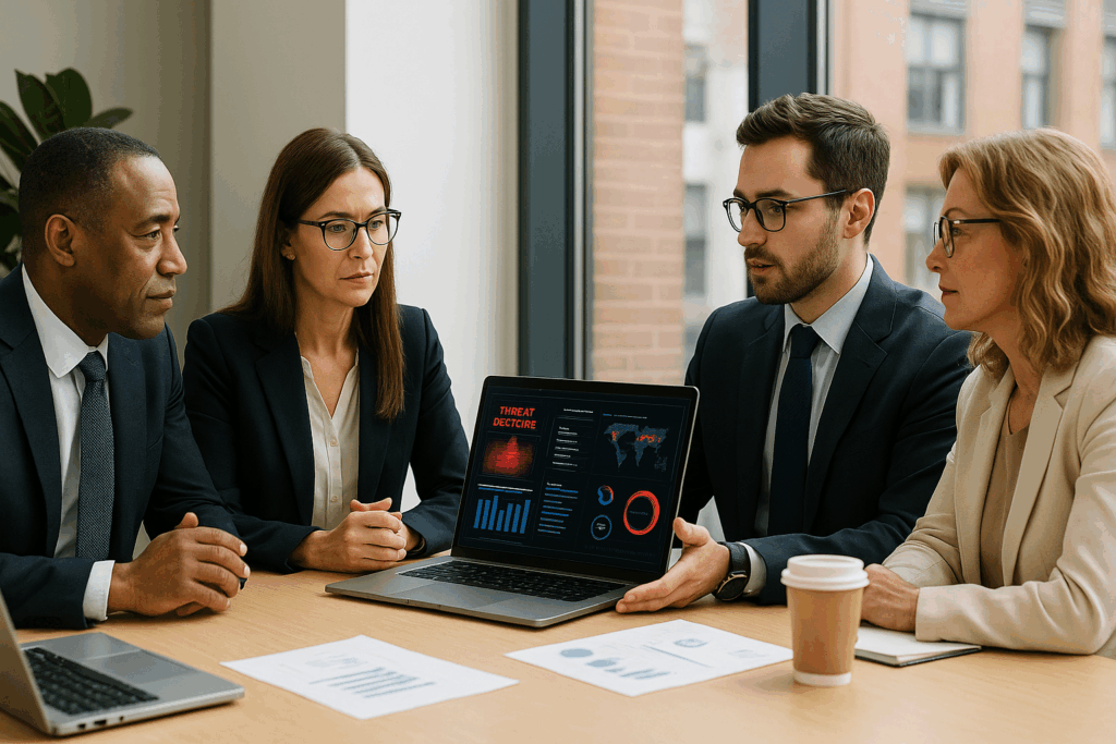 Chicago business professionals reviewing 2026 technology challenges, cybersecurity risks, and IT strategy planning with CMIT Solutions Chicago.