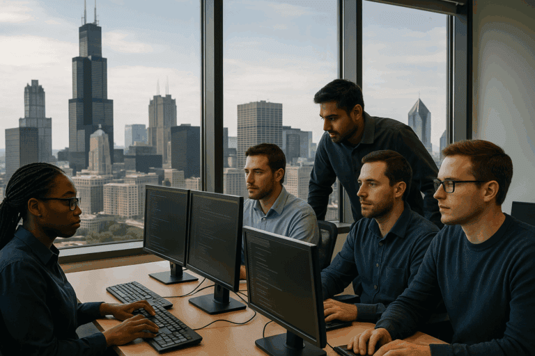 “IT technician monitoring cybersecurity threats for a Chicago business in 2025.”