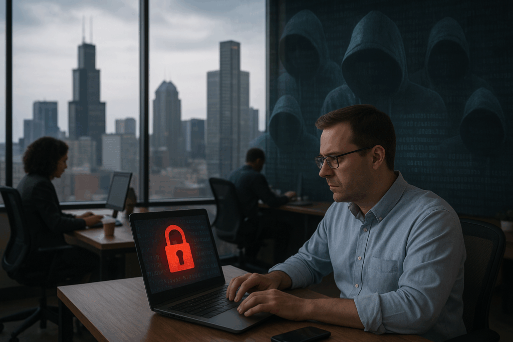 A man working on a laptop displaying a red cybersecurity lock icon inside a modern Chicago office with the city skyline in the background, symbolizing cyber threats facing small businesses.