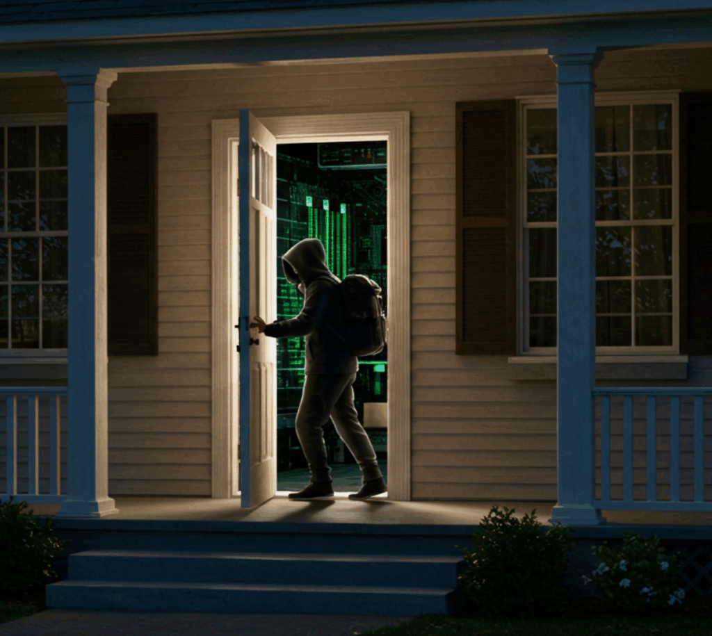 Hacker enters a computer through an open door