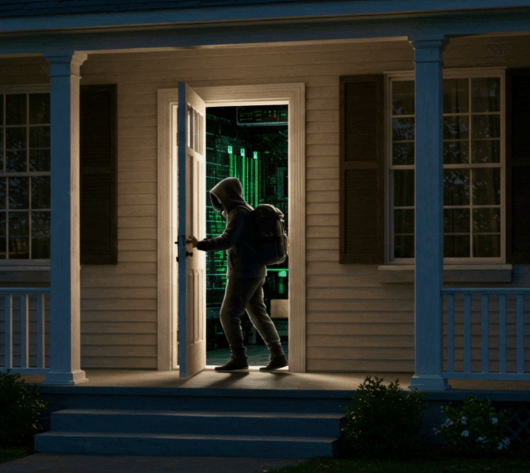 Hacker enters a computer through an open door