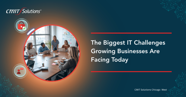Team of coworkers in a meeting around a boardroom table, part of a CMIT Solutions banner about IT challenges for growing businesses.