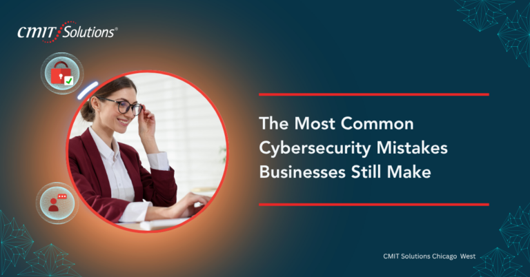 CMIT Solutions banner: a businesswoman at a desk beside the title about common cybersecurity mistakes for businesses.