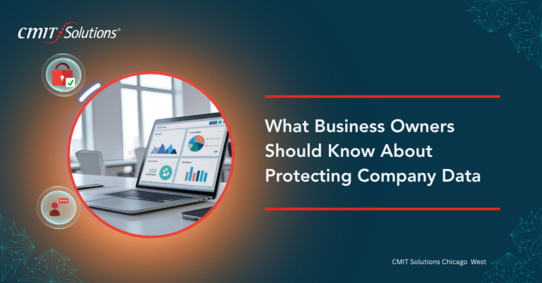 CMIT Solutions banner: a laptop screen with charts surrounded by security icons on a dark gradient background, for data protection article.