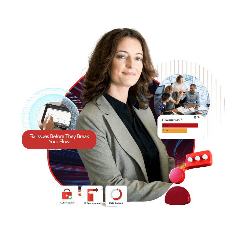 Business professional reviewing technology and support information
