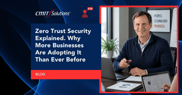 Blog banner for CMIT Solutions reading 'Zero Trust Security Explained. Why More Businesses Are Adopting It Than Ever Before' with a blue block and red 'BLOG' label; photo of a smiling man at a desk with laptops on the right.