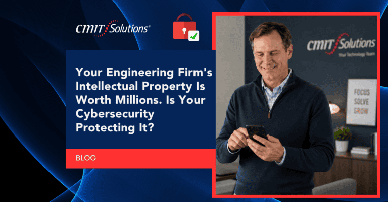 Blog hero: man on the right checks his phone beside a bold blue headline about protecting a firm's intellectual property.