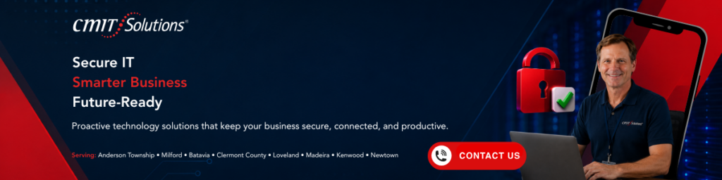 Banner for CMIT Solutions: dark blue/red tech theme with text 'Secure IT, Smarter Business, Future-Ready' and a man at a laptop with a red 'Contact Us' button and security icons.
