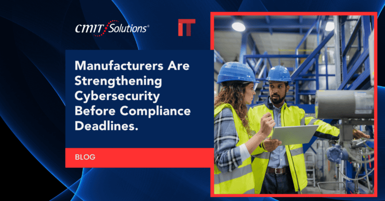 Two factory workers in high-visibility jackets and blue hard hats review a tablet in a manufacturing plant; blog about strengthening cybersecurity deadlines.