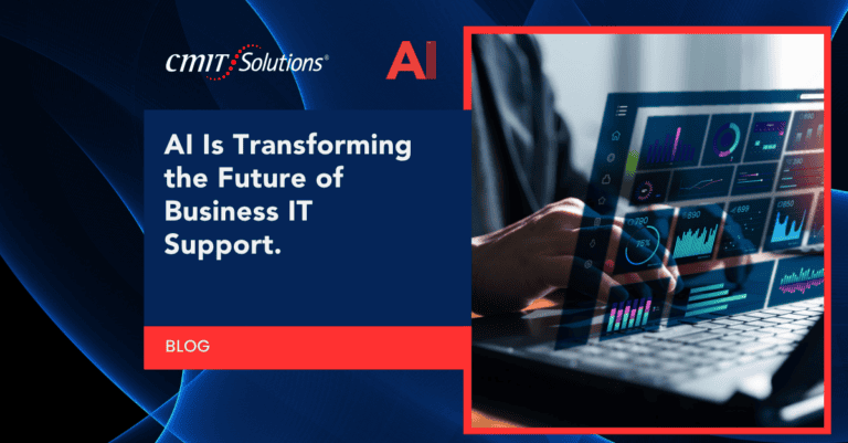 CMIT Solutions blog banner: 'AI Is Transforming the Future of Business IT Support' with a tech dashboard on the right.