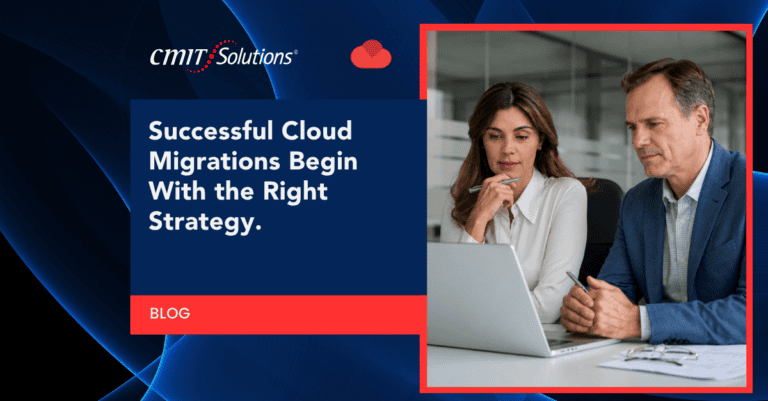 Two colleagues review a laptop in a bright blog header that reads 'Successful Cloud Migrations Begin With the Right Strategy' on a dark navy panel.