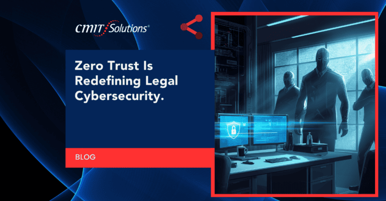 Blog banner: 'Zero Trust Is Redefining Legal Cybersecurity' on a dark blue panel with a red BLOG stripe; blue-toned data center on the right.