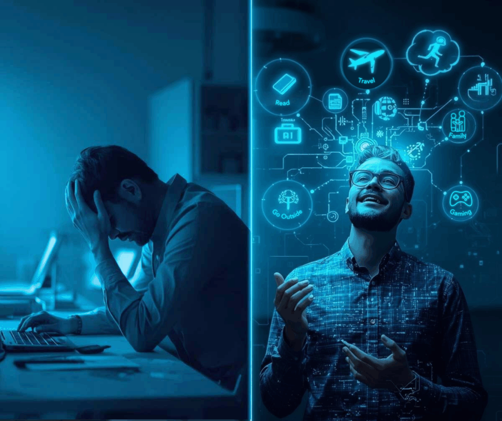 An image representing a sad person who doesn't use A.I., versus a happy person who does!