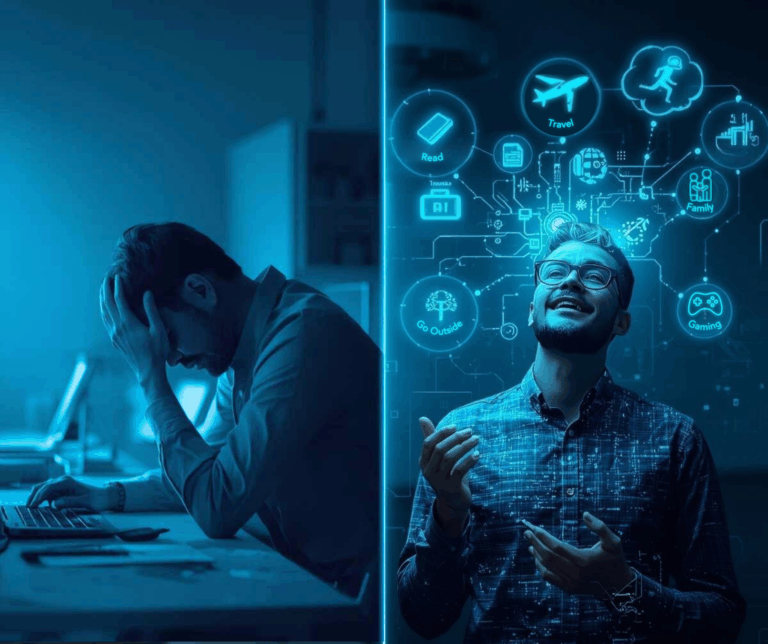 An image representing a sad person who doesn't use A.I., versus a happy person who does!