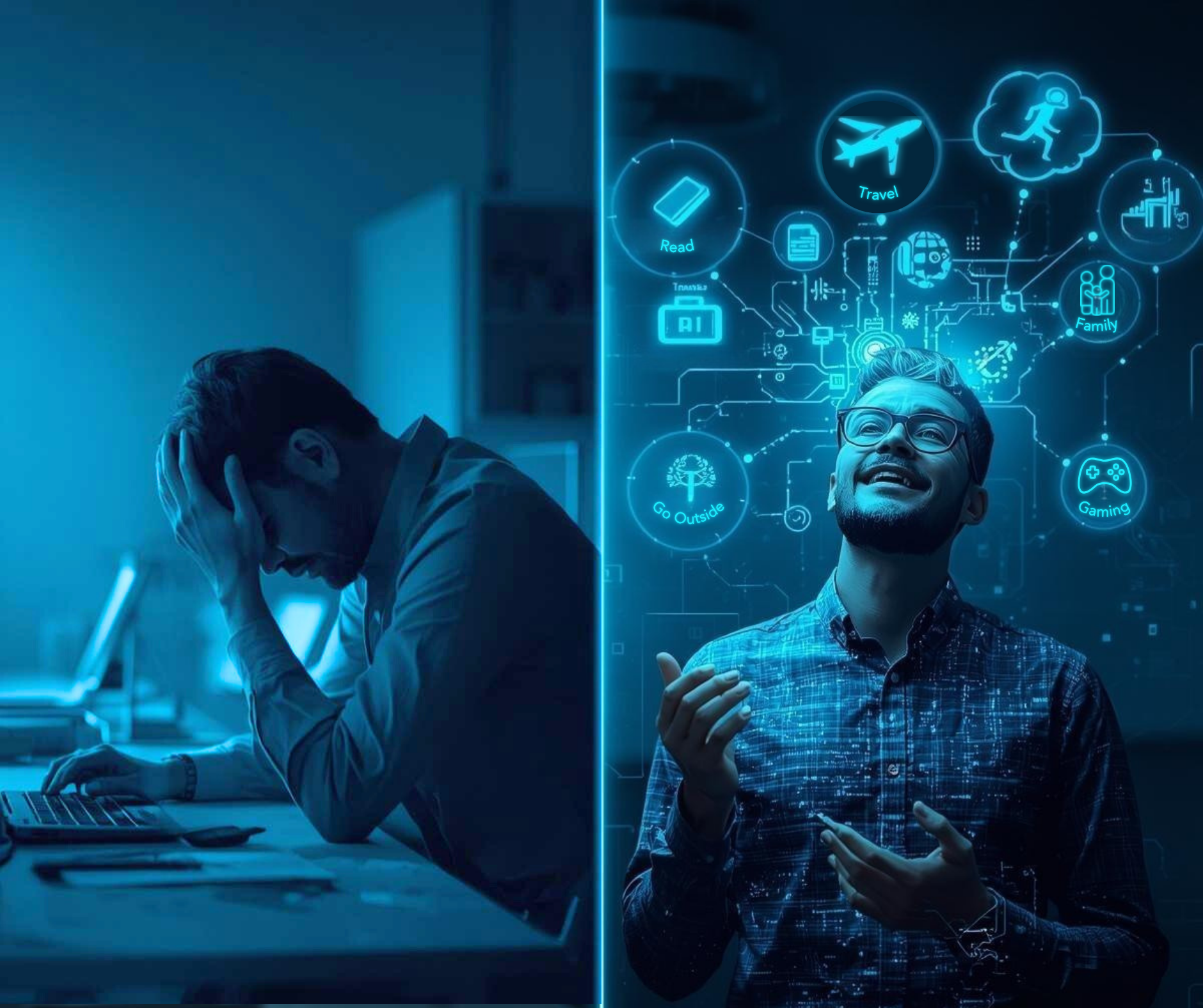 An image representing a sad person who doesn't use A.I., versus a happy person who does!