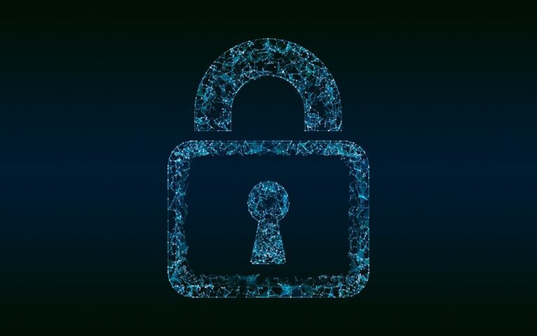 A blue lock made of circuitry depicts cybersecurity.