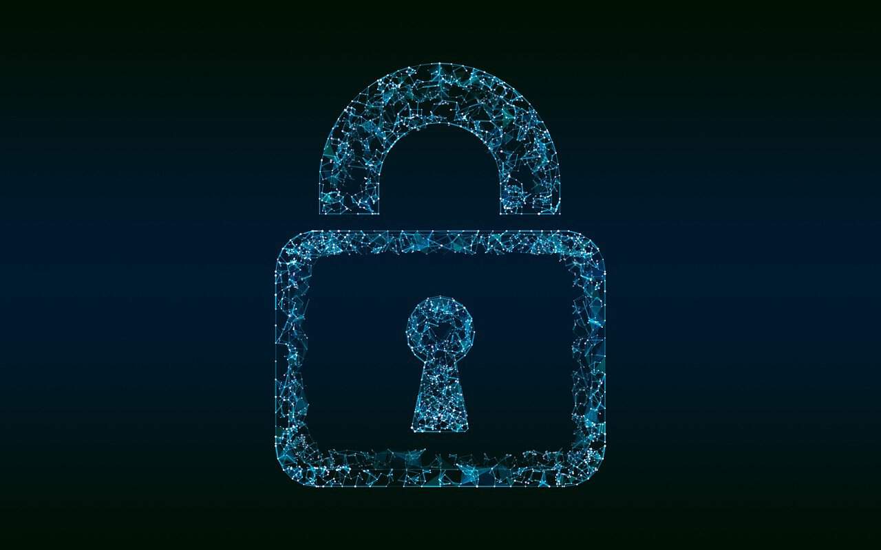 A blue lock made of circuitry depicts cybersecurity.