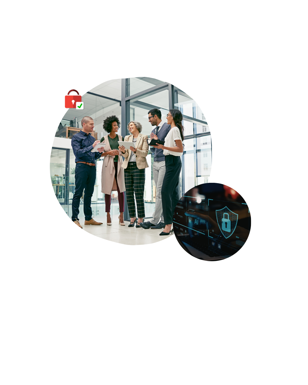 Diverse team of professionals in a bright office discussing work, with a security padlock icon indicating data protection.