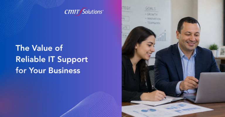 Branded banner on the left reading 'The Value of Reliable IT Support for Your Business' beside two colleagues reviewing a laptop on the right.